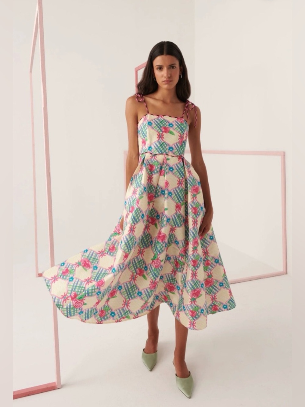 Celia B NWT Palau Midi Dress Pink Rose Blue Gingham Spaghetti Strap Full Dress L - Picture 3 of 16